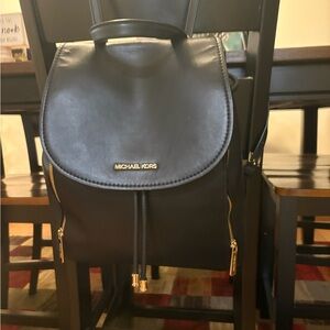 Michael Kors Black Leather Backpack with Gold Zippers
